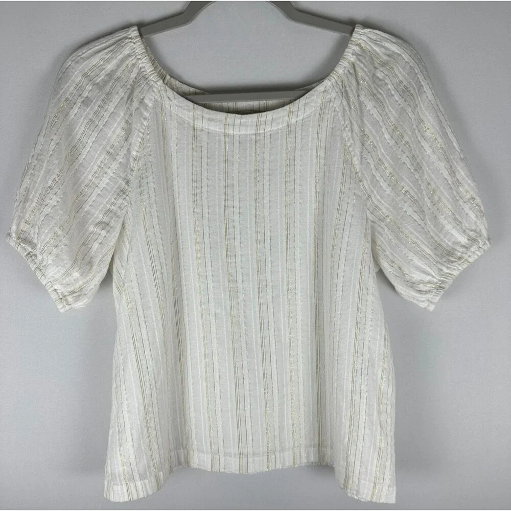LOFT Puff Sleeve Top XS White Gold Metallic Stripe Cottagecore Romantic Feminine